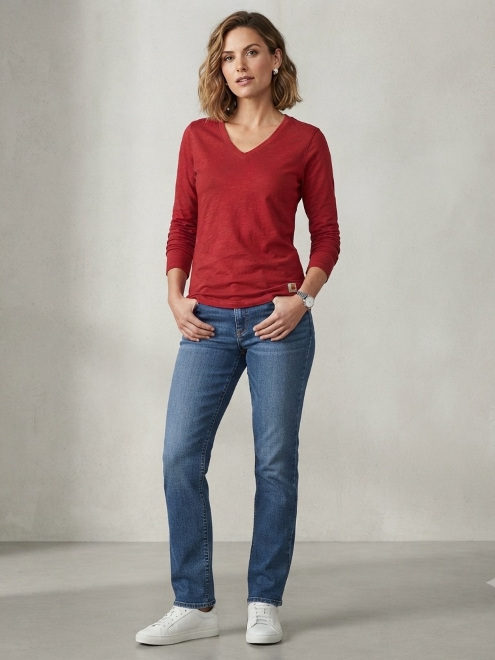 Carhartt Women’s Deep Red V-Neck Long Sleeve Tee